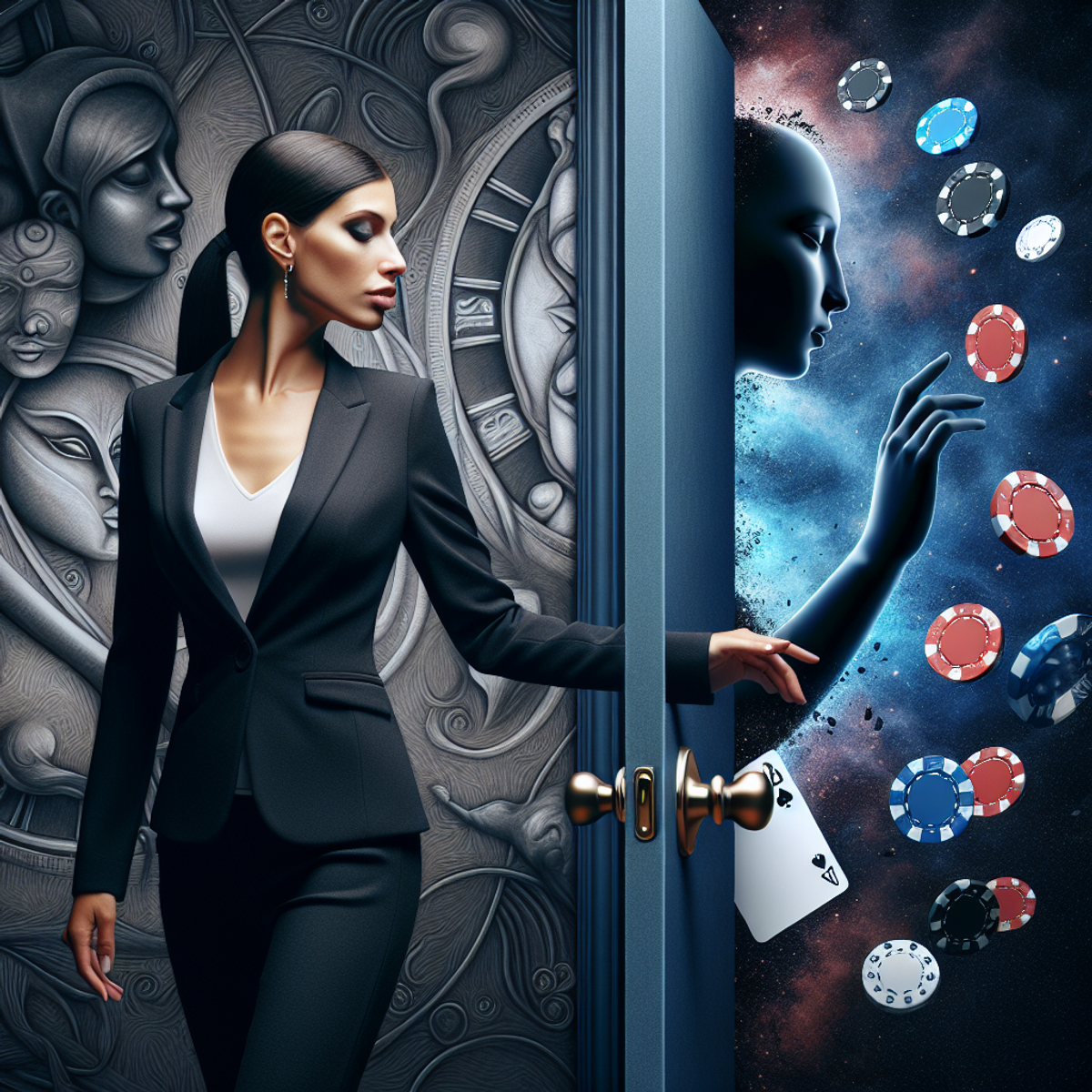 A Black woman in a professional outfit closing a solid door in a suggestive gaming environment with subtle elements of chips, dice, and cards in the b