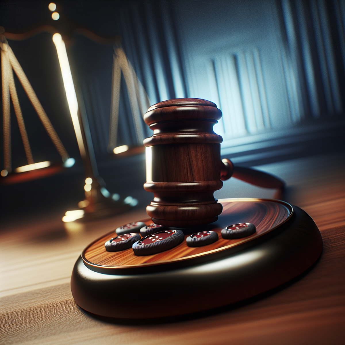 A close-up shot of a gavel with dramatic lighting and detailed wood patterns, conveying the severity of illegal gambling activities.
