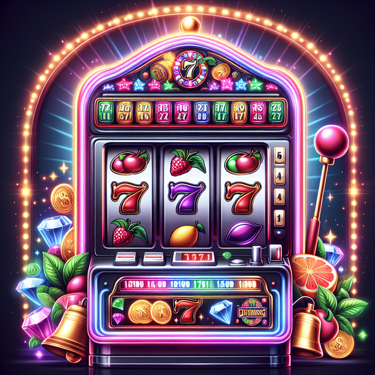A colorful and vibrant casino slot machine with fruits, bells, lucky 7’s, and diamonds as symbols, illuminated by flashing neon lights.