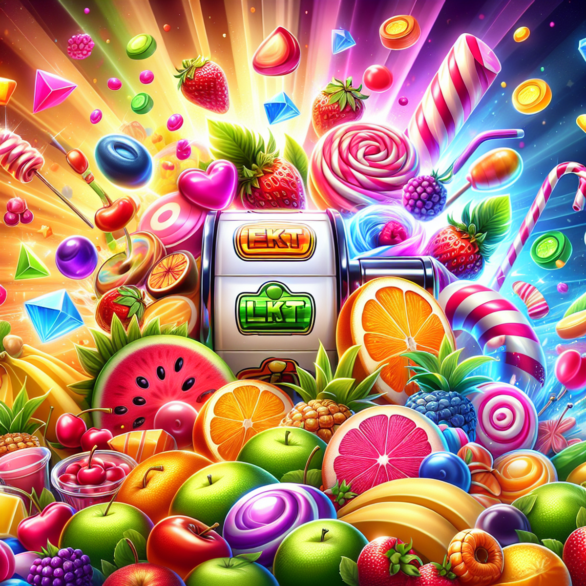 A colorful and vibrant slot game featuring fruits, candies, and sweet treats in a visually appealing and energetic environment.