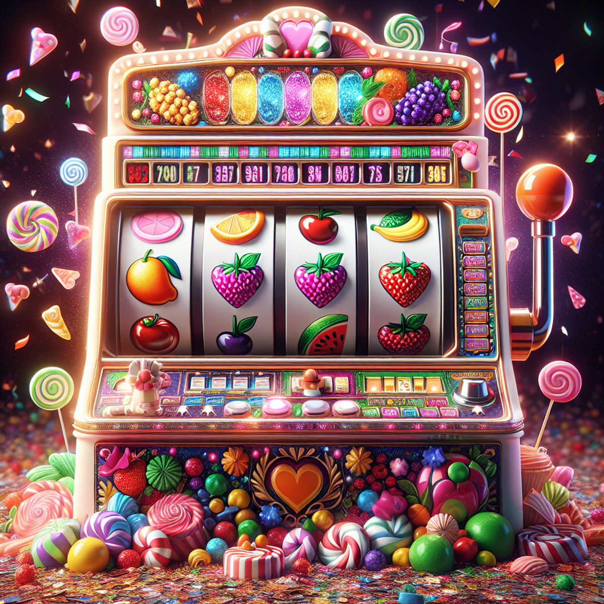 A colorful, whimsical slot machine filled with fruits and candies in a vibrant, sparkling environment.