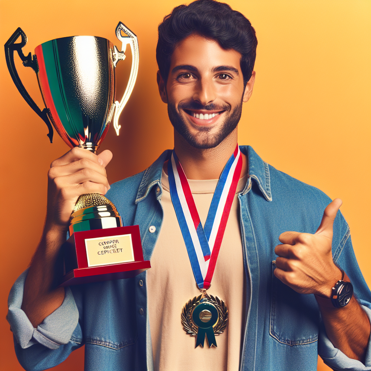 A confident Middle-Eastern man holding a vibrant trophy, smiling with a victory sign and a medal around his neck.