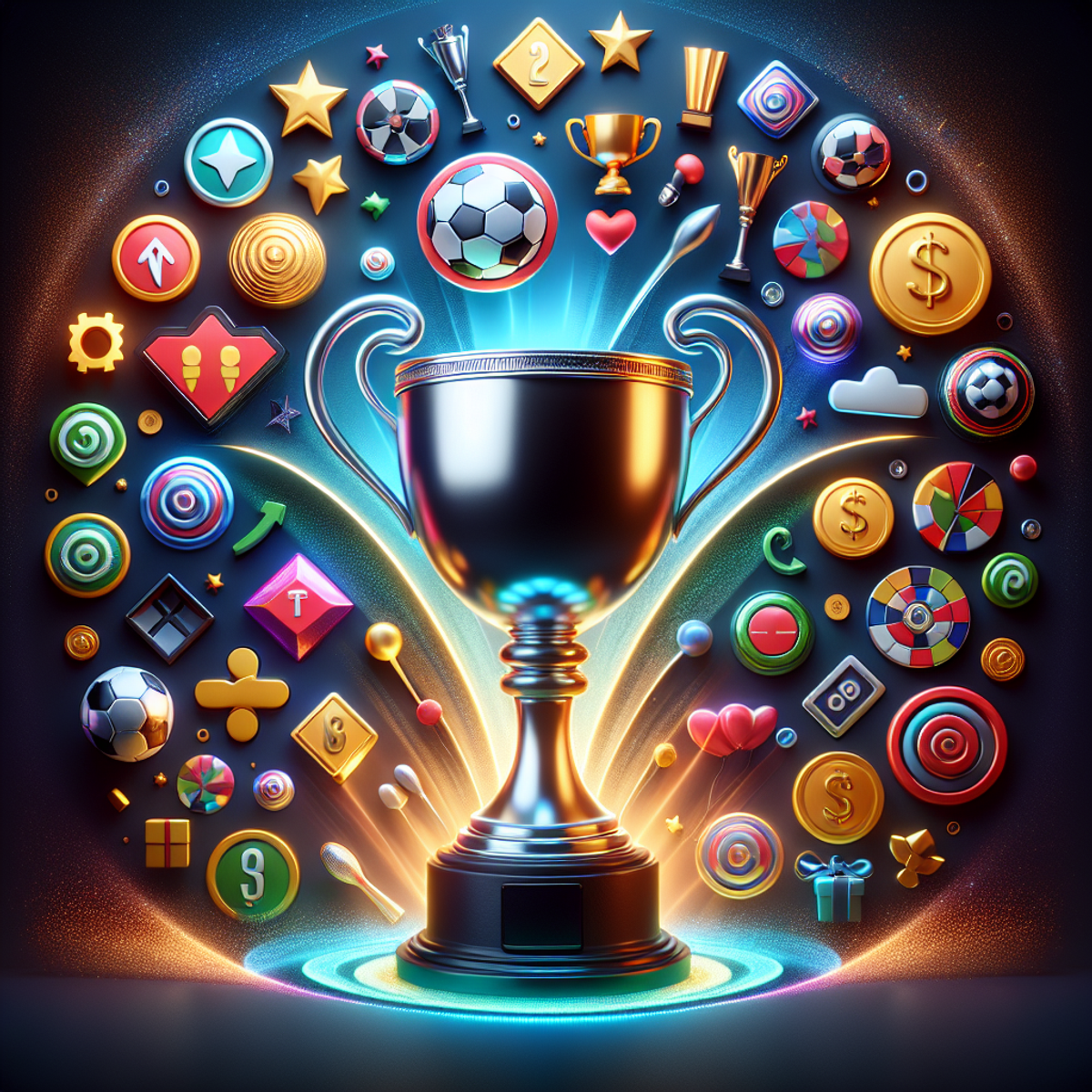A gleaming trophy surrounded by bright, colorful symbols of bonuses and rewards.