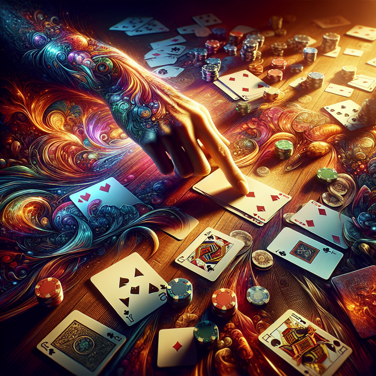 A human hand hovers over a deck of playing cards spread out on a table, fingers poised to pick a card. The scene is rich in color and intensity, captu
