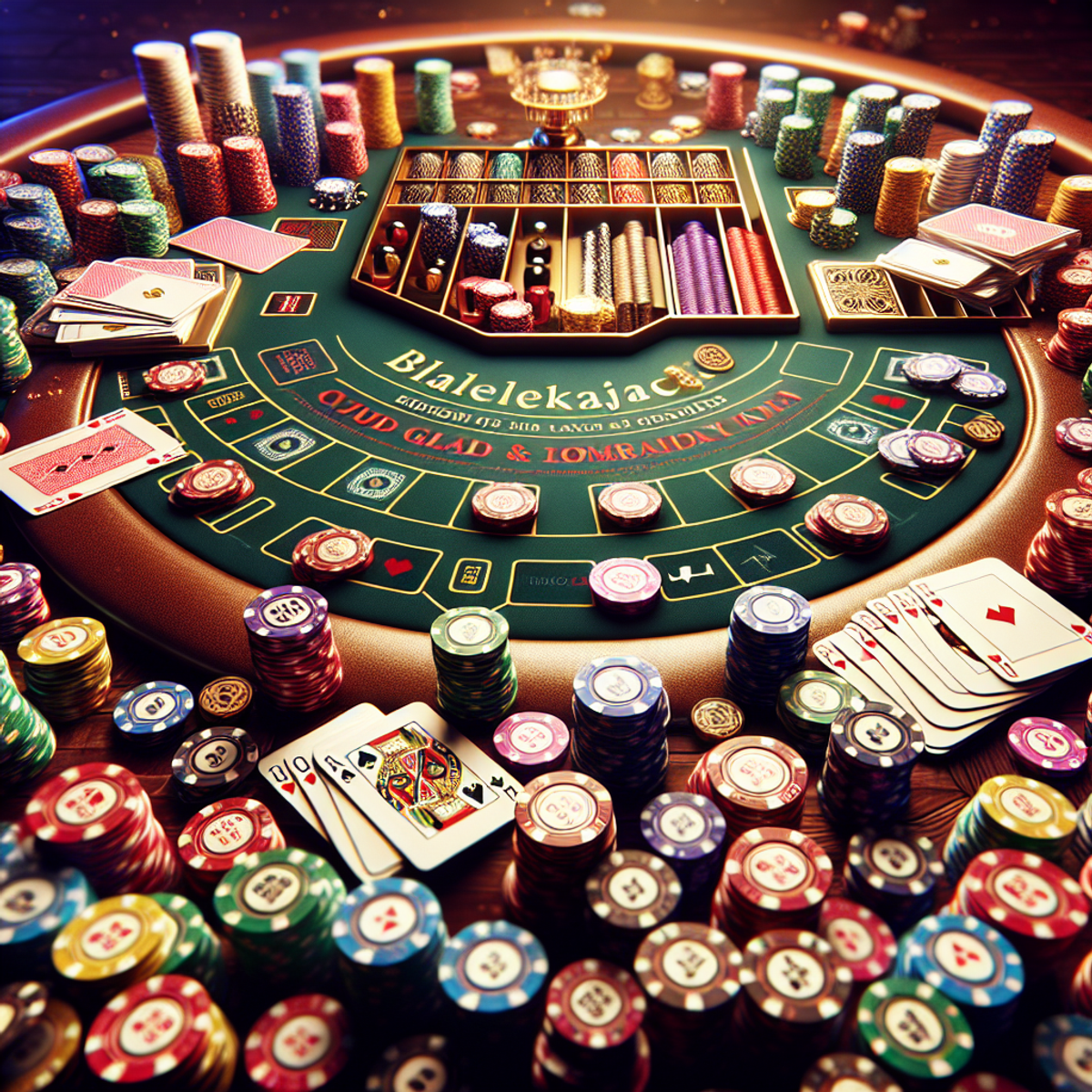 A lively and richly colored blackjack table with cards and poker chips.