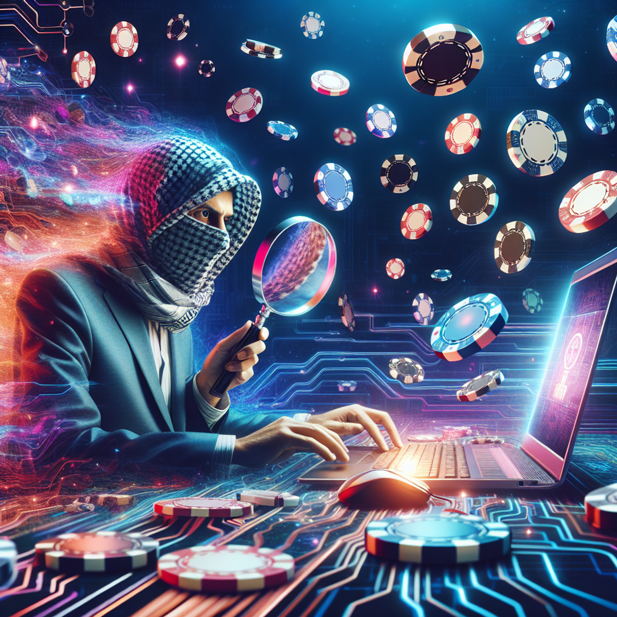 A man of Middle-Eastern descent sits at a computer surrounded by swirling technology symbols and virtual casino chips. A magnifying glass or detective