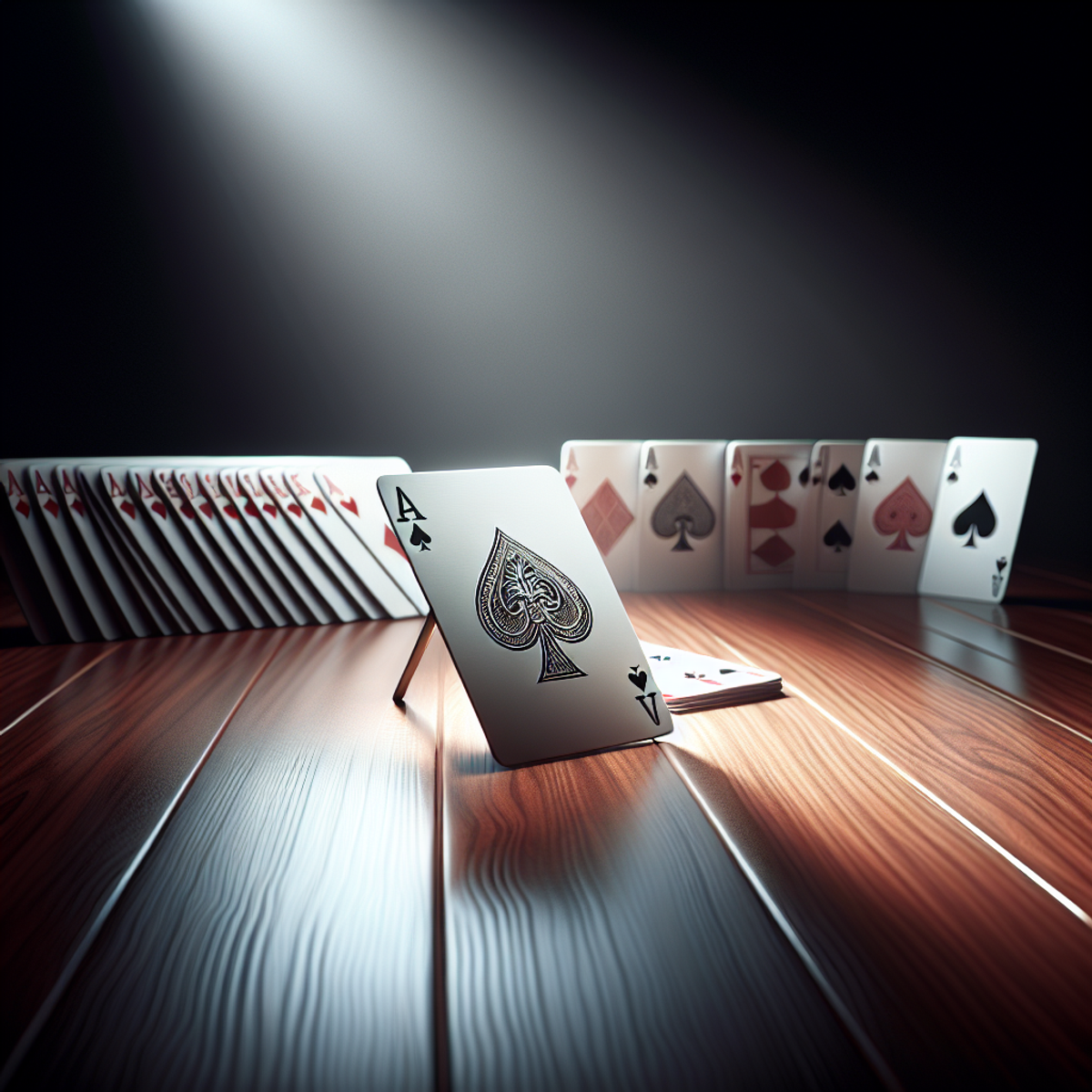 Intricately designed playing cards on a wooden table with the Ace of Spades under a spotlight.